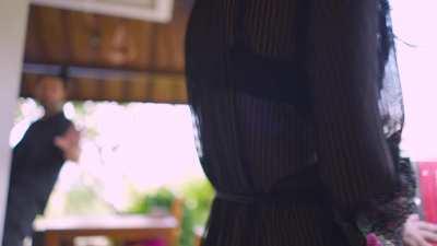 Step-daughter play with Daddy behind her Mom back