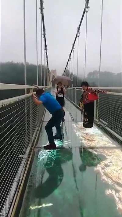 People freakout on glass bridge from being trolled by electronic display of glass breaking