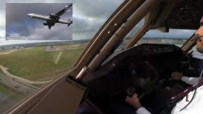 Qatar B777 Storm Eunice landing at LHR today - cockpit+outside view by @althani350 on IG
