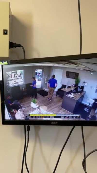 Old lady drives thru my car wash lobby