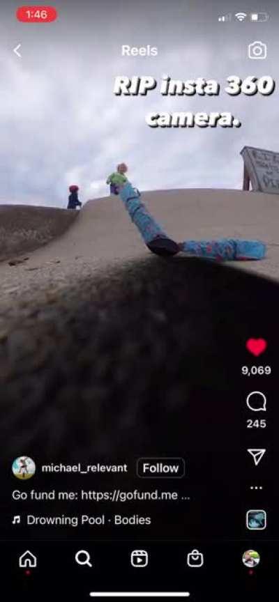 Unsupervised child at a skatepark karate kicks a stranger’s camera.