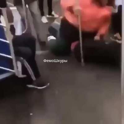 Big woman tries to rape skinny little guy on the subway. Pretty weird!