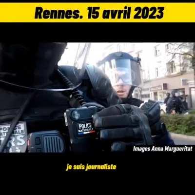 Des policiers interpellent violemment un manifestant et menacent une journaliste qui filme [Manif contre la réforme des retraites à Rennes, 15 avril, filmé par Anna Margueritat]
