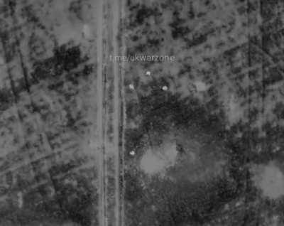 video showing a Ukrainian drone targeting a group of russian soldiers with a drone drop munition with one of them being hit. [music from source]