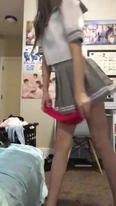 Teen schoolgirl cosplayer strips for you