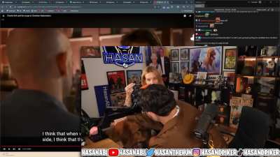 Hasan's guest says the dog collar is too tight. Hasan claims this is because she has a lot of neck meat