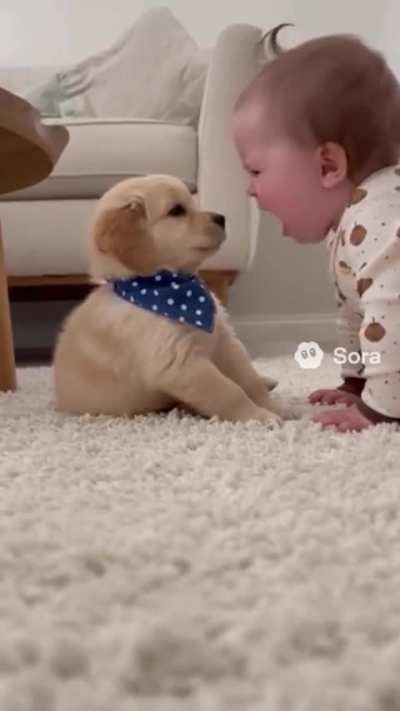 Baby arguing with puppy