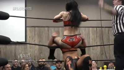 Priscilla Kelly grinding on Kylie Rae's face. Priscilla's a freak during these matches