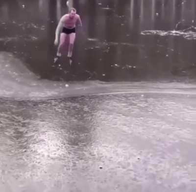 This guys is really ice blading only underwear