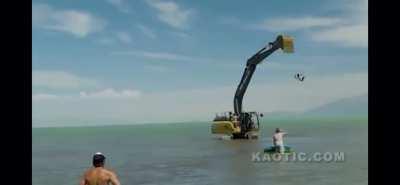 Imbecile uses an excavator as a giant swing while the operator spins it around.