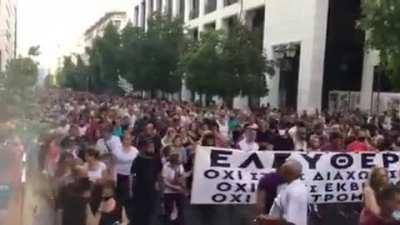 Athens, Greece today. Huge demonstration in the middle of the city against mandatory vaccination. TV channels reported incredibly small numbers of people taking part in the demonstration, also labeling them anti-vaxers