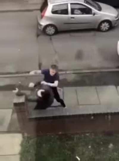 Man tries to rob someone, stopped by hero and gets a face full of bricks