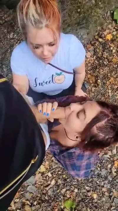 Playing with his cock with our girlfriend