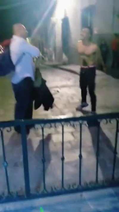 Guy gets a bit too hyped up before starting a fight...