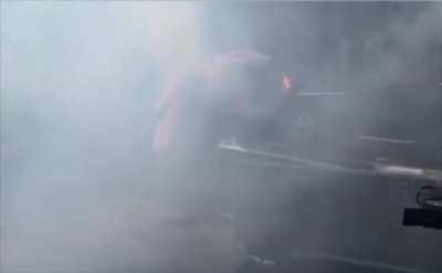 Protesters in Paris set an American flag and a cardboard Tesla on fire.