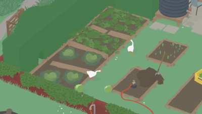 Annoying geese cause groundskeeper to kick pumpkin through hedge.