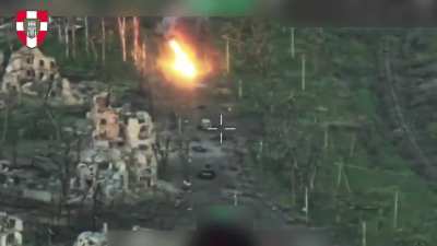 Russian soldier on a scooter hit a mine and was set on fire by it. Toretsk area. [100th separate mechanized Brigade, April 2025]