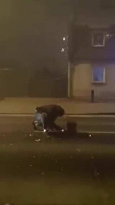 An unsuccessful attempt to launch the fireworks. Tt happened in my friends hometown in Poland. He's alive but in bad condition in hospital with concussion and broken collarbone.