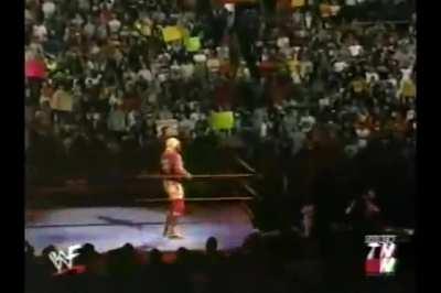 Hulk Hogan makes his first entrance as WWF Undisputed Champion, complete with “Voodoo Child” by Jimi Hendrix. Taken from the original broadcast of the April 22nd, 2002 episode of RAW.