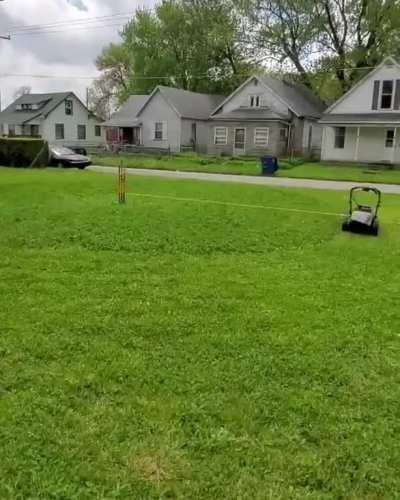 Great idea until that rope snaps and your lawnmower goes on a killing spree