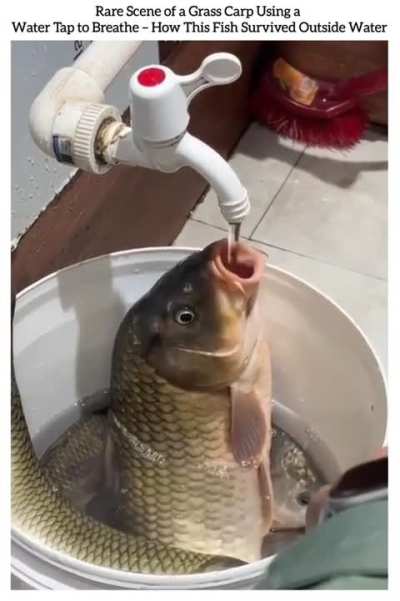This fish has positioned itself under a running tap and is pulling water directly into its mouth. Fish breathe by passing water through their gills, which extract oxygen, and this carp has instinctively learned to keep itself alive by staying right under 