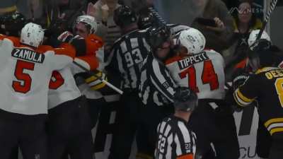 McAvoy trips Michkov, thinks he goes down easy, and confronts him. Michkov goes down again, and Couturier comes in to defend his rookie. McAvoy gets 4 for roughing and Couturier gets 2 for roughing. 