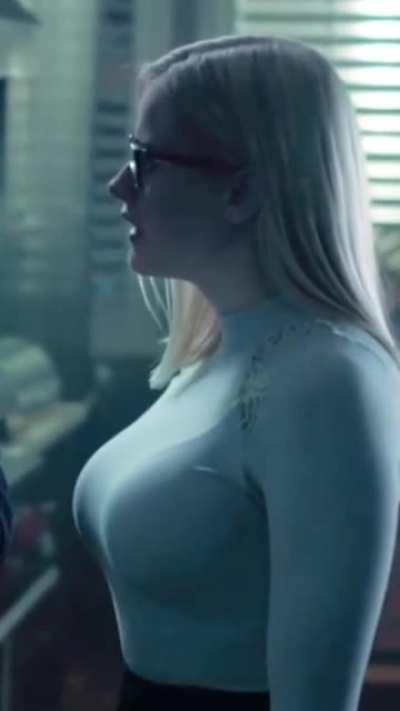 Olivia Taylor Dudley stretching a shirt to its limits