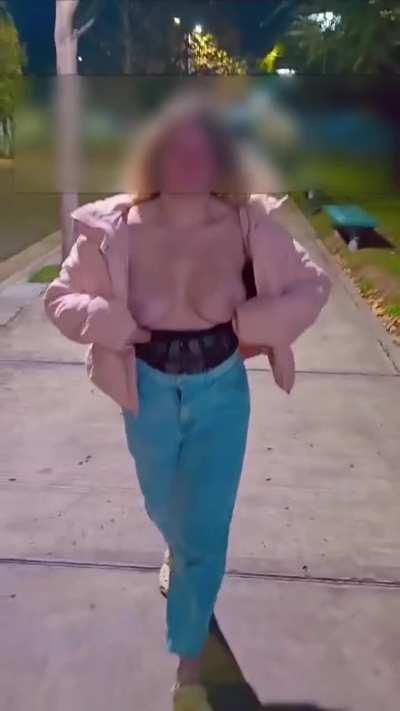 Dared to wear transparent clothes on the street, with tit flash to make it spicier