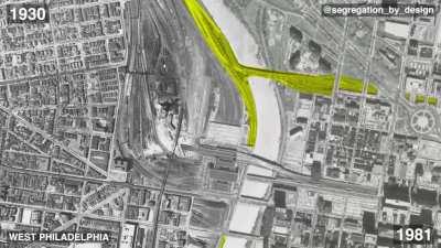 Construction of the Vine Street Expressway (colorized 1930 aerial versus 1981)