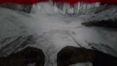 Main character of videogame Metro Exodus suffocating for breathing air contaminated by radiation, while crawling in narrow space