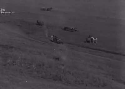 German plane strafing tank and horses (Eastern Front 1943). 