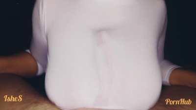 Quick tug before she blankets cock up her top to finish the job