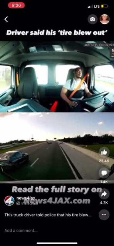 Tampa area truck driver allegedly tells police this accident was caused by his tire blowing out… but the dashcam footage says otherwise. One person was badly injured but they are making a full recovery & pursing legal action against the driver