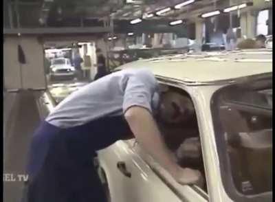 Trabants being inspected and adjusted before leaving the factory- 1988