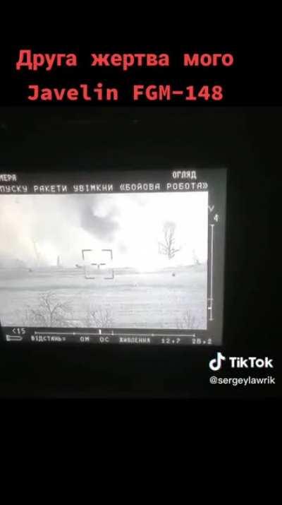 Destruction of a Russian tank by an FGM-148 Javelin ATGM filmed from a Stugna-P operator's POV