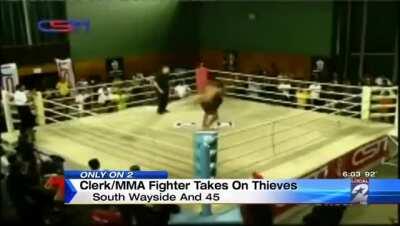 group of guys attempt to rob bank bag from gas station employee, they had no idea the clerk was a 5 time MMA national champion in his native country of Sri Lanka and he flattens the whole crew of robbers.