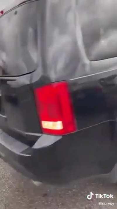 Idiot teen without a license runs into a car while trying to escape an accident