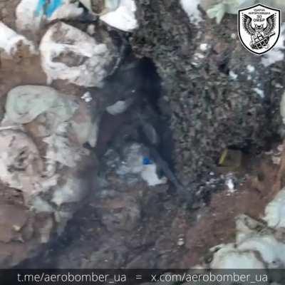 A Ukrainian drone drops grenades on a Russian soldier in a dugout who chooses the worst possible time to peer out of the entrance.