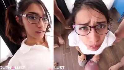 Nerdy brunette as a cum target for 3 guys