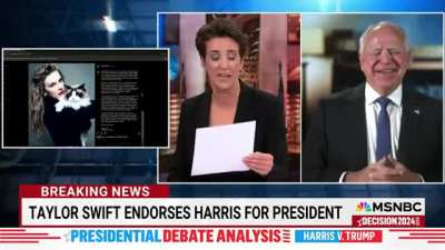 Tim Walz's reaction to Taylor's endorsement after the presidential debate