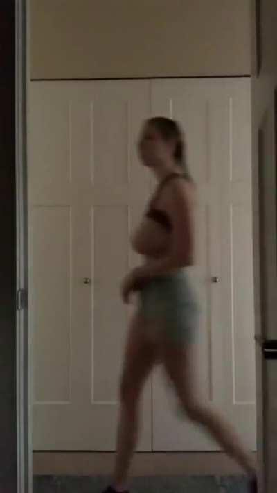 foopahh walking across hall with tits out