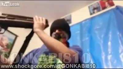 Guy shots himself self with ksg12 (1:08 he new wall paint)