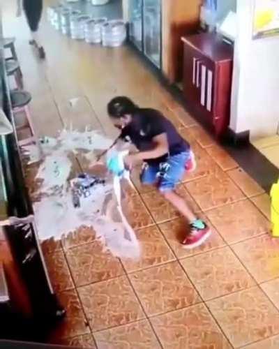 WCGW carrying beer in both hands and looking up wh..