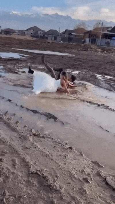 Let's take our wedding photos next to a mud puddle!