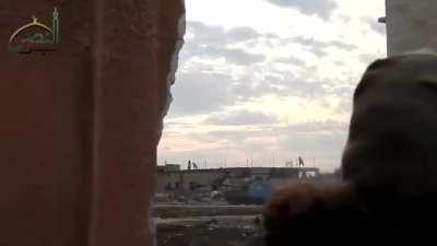 FSA fighters shoot at a retreating SAA tank at close range. SE Idlib, Syria 2018.