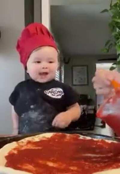 Toddler pizza chef who loves making pizza (with help shhhhh) and eating it. His passion is so adorable and contagious.