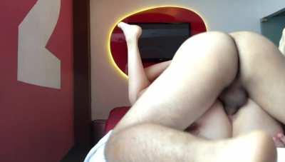 He fucks her ass in missionary position