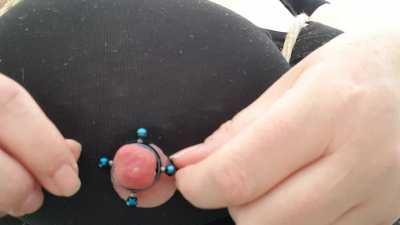 Crush that fat nipple with the screws