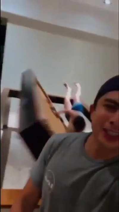 That girl trying to lie on the pool table.