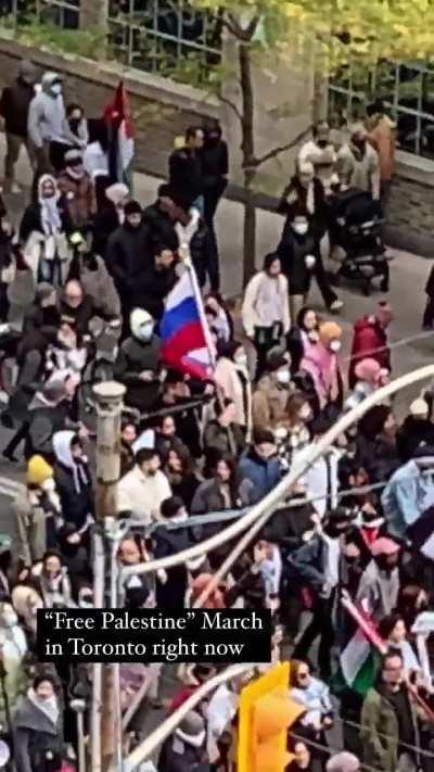 Pro-Palestine march in Toronto, Canada with Russian flags visible